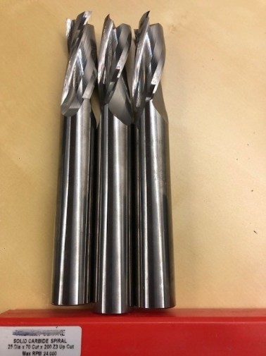 New (Never Been Used) 25mm x 70mm On Cut Solid Carbide Spiral Upcutting Cutters